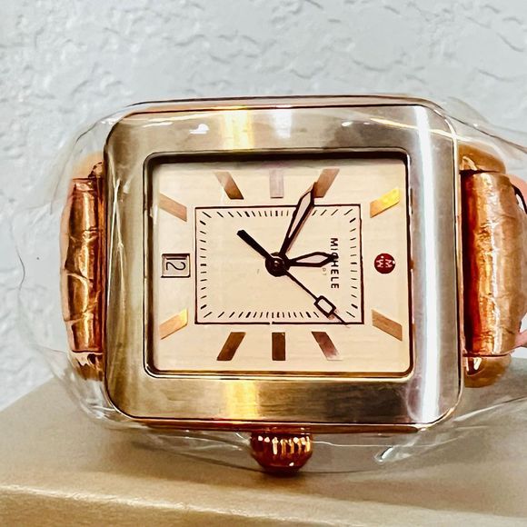 MICHELE Deco Sport Watch Head & Pink Gold Leather Strap Watch, 34mm, NEW IN BOX - Picture 3 of 16